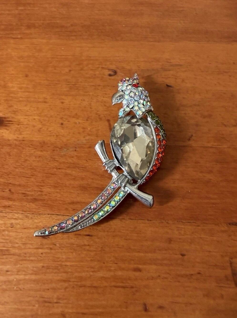 Crystal Parrot Silver Tone Brooch Multicolor Crystal Rhinestones Tropical Bird